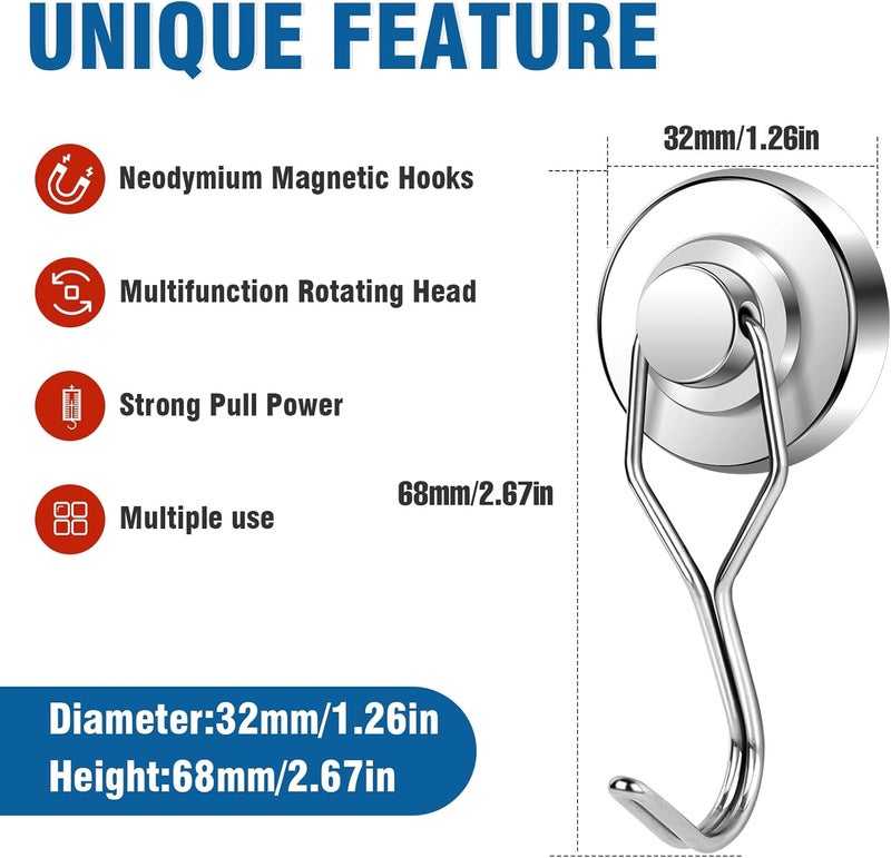 E BAVITE Swivel Swing Magnetic Hook 120LB Refrigerator Magnet Hook 10 Pack Strong Neodymium Magnets for Refrigerator Other Surfaces 67.5mm(2.66in) in Length - Image 2